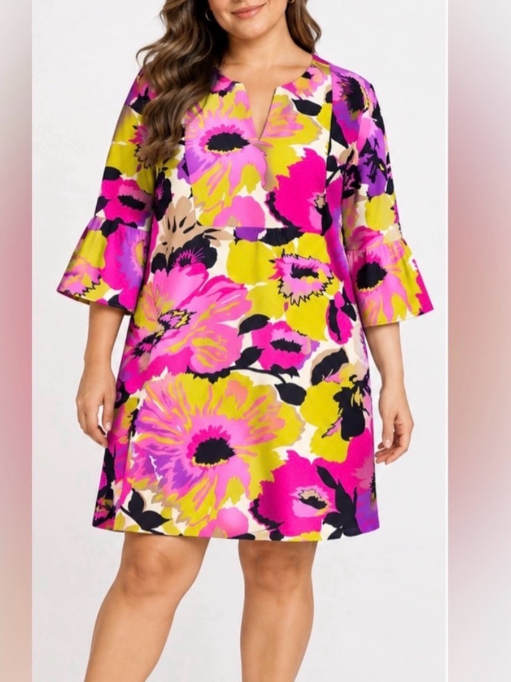 Jude Connally Large Bold Floral Bell Sleeve Shift Dress Made USA